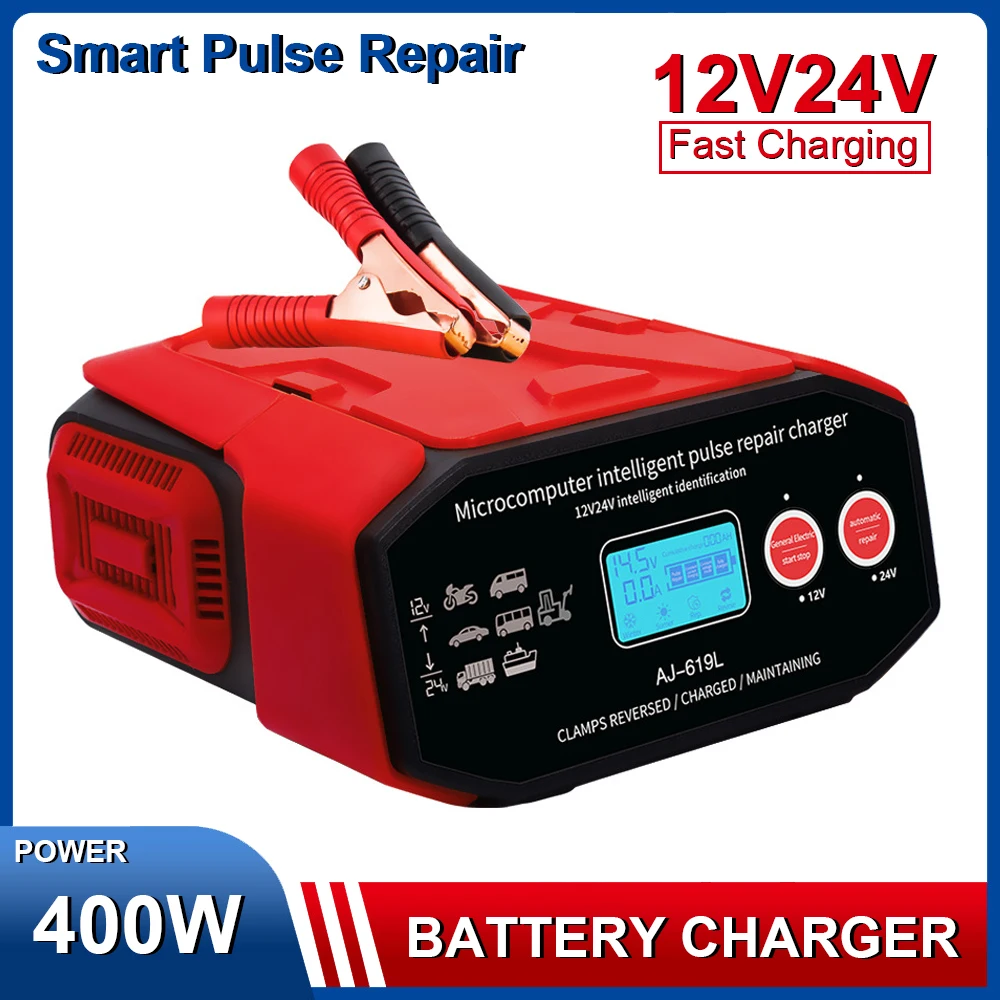 

High Power 400W Car Battery Charger 12V 24V Intelligent Pulse Repairer Charger for Car SUV Motorcycle Truck Boat Fast Charge