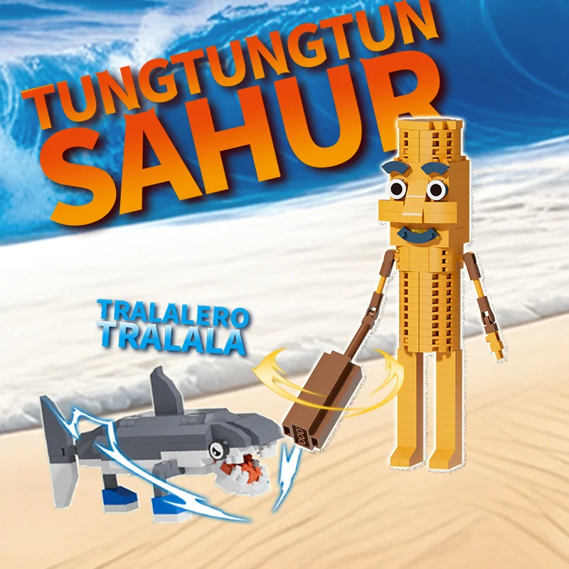 Bouwsteenset met krokodillen-, haai- en houten stokfiguren; Creatieve bouwsteenornamenten; Geschikt voor geschenken en displays