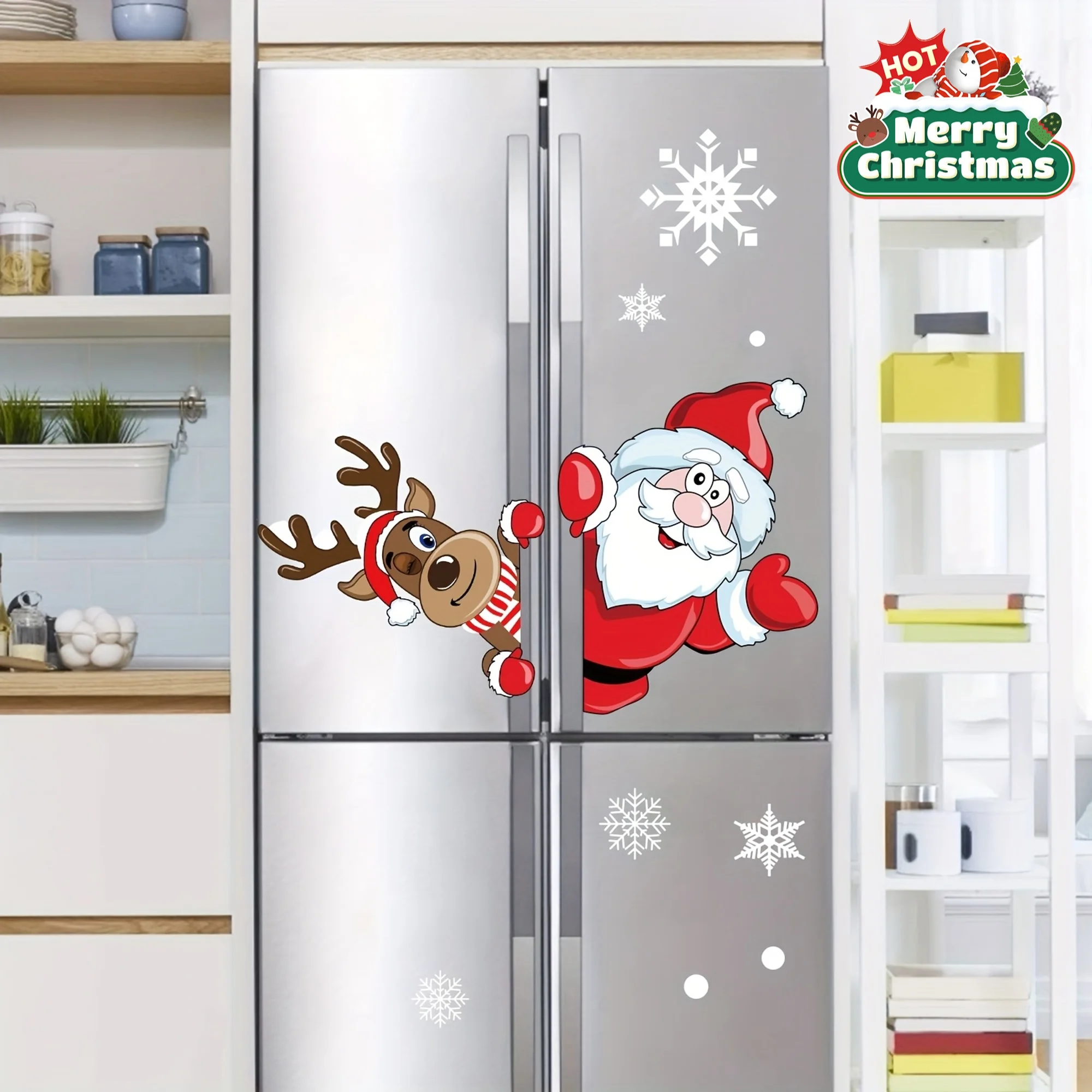 مجموعة ملصقات لاصقة ثابتة لعيد الميلاد مكونة من قطعتين - تطل سانتا والرنة من خلال الأبواب الزجاجية، زينة عيد الميلاد