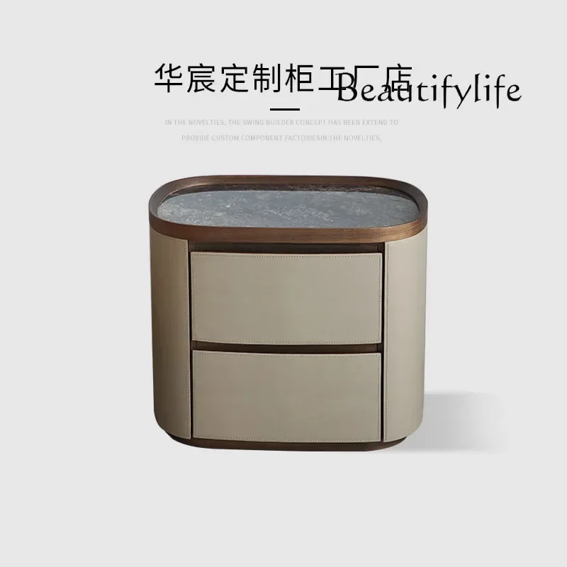 

J R Italian Minimalist Rock Slab Saddle Leather Bedside Table Modern Oval Sofa Bedroom Storage Bedside Table