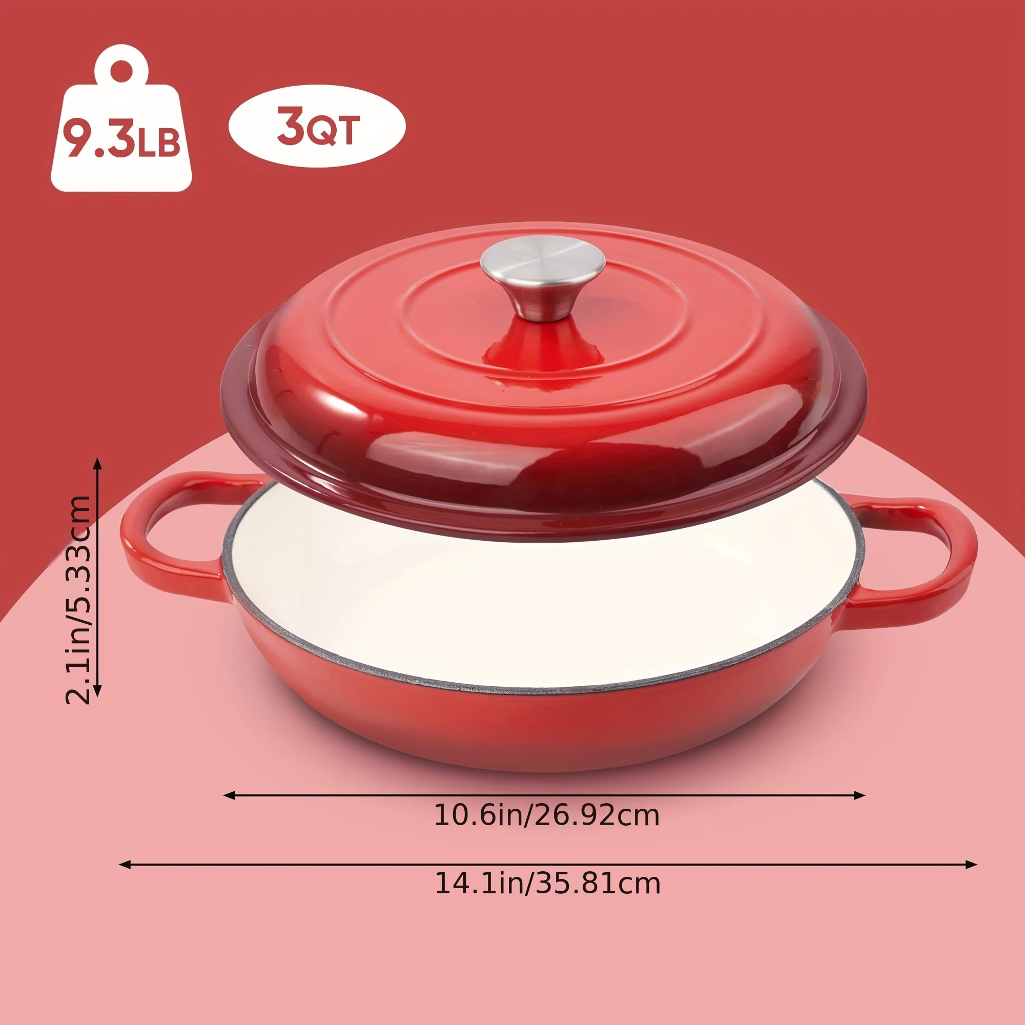 

A 3-quart enamel Dutch oven made of cast iron, with a lid, double handles, suitable for cooking and stewing.