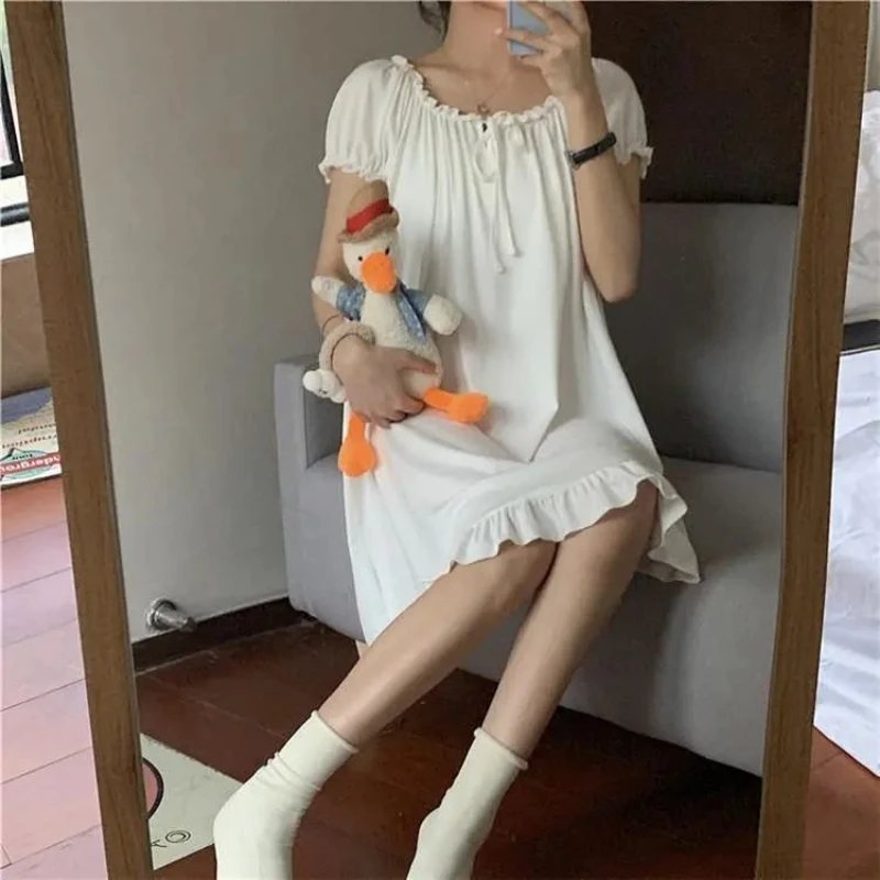 

2025 Women's Sweet Kawaii Dress - Ruffle Puff Sleeve Tie-Front Loose Fit Dress, Casual Cute Daily/Homewear for Spring Summer