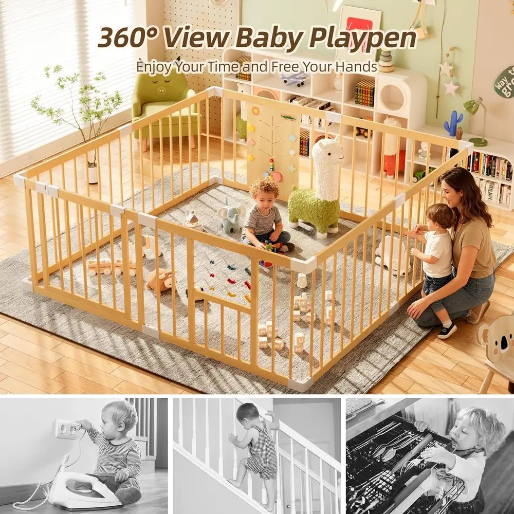 Box in legno extragrande con cancello con serratura, centro attività regolabile per neonati e bambini piccoli, recinzione da gioco per interni, 63 x 63 x 24