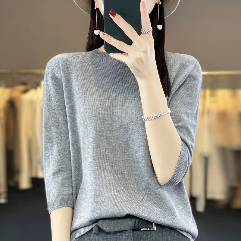 

2023 Thin Ultrafine Worsted Half Sleeve Woolen Sweater Women's Spring/Summer New Round Neck Loose Knitted Underlay Half Sleeve T