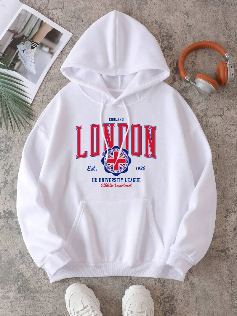 England London Hoodie Women Uk University League Printed Sweatshirt Fleece Warm Pocket Loose Streetwear Street Woman Clothes