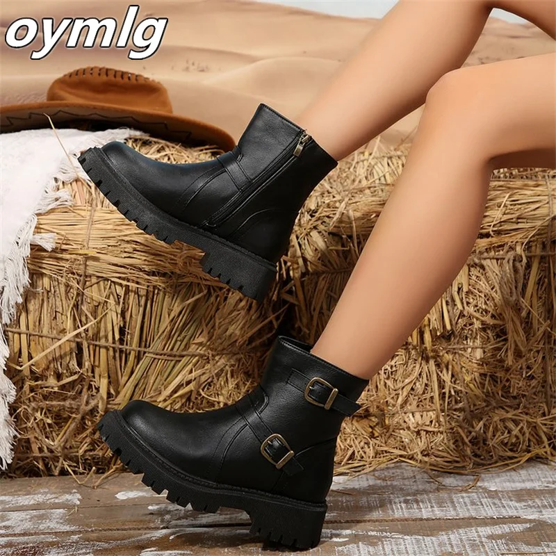 2024 Autumn/Winter New Retro Handsome Boots Thick Bottom Western Short Boots Round Head Mid Top Women's Boots