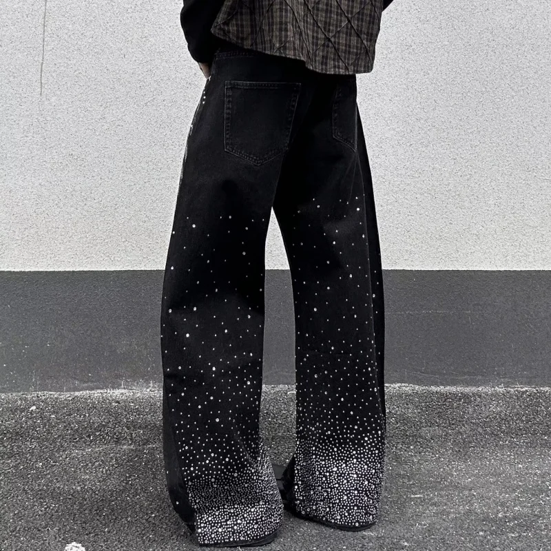 2025 Ropa Y2K Fashion Hot Fix Rhinestone Dot Black Baggy Jeans Pants For Men Clothing Straight Luxury Long Trousers Moda Hombre