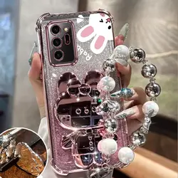Airbag Glitter Mirror Rabbit Phone Holder Case On For Samsung Galaxy Note 10 20 Ultra Plus Note20Ultra 5G Anti-knock Stand Cover