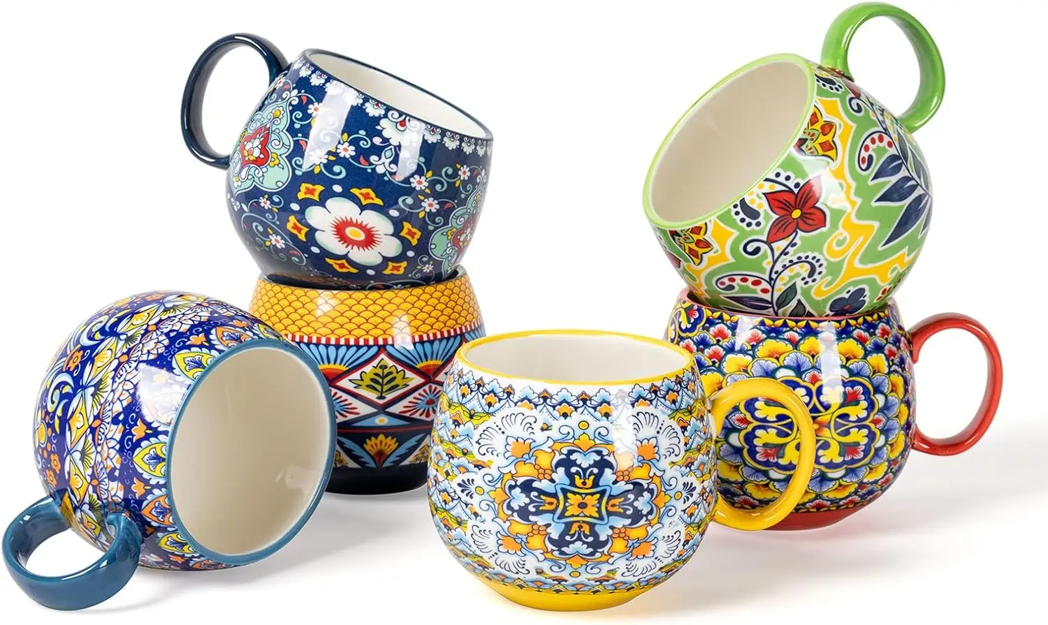 

Boho Ceramic Coffee Mugs Set of 6 - 20 oz Large Porcelain Cups for Latte, Cappuccino, Tea & Soup - Microwave & Dishwasher Safe