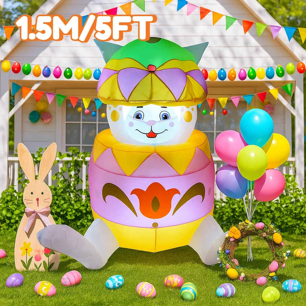 

5FT Easter Festive Inflatable Bunny With Egg Decor LED Lights Airblown Holiday Party Garden Rabbit Props Easter Inflatable