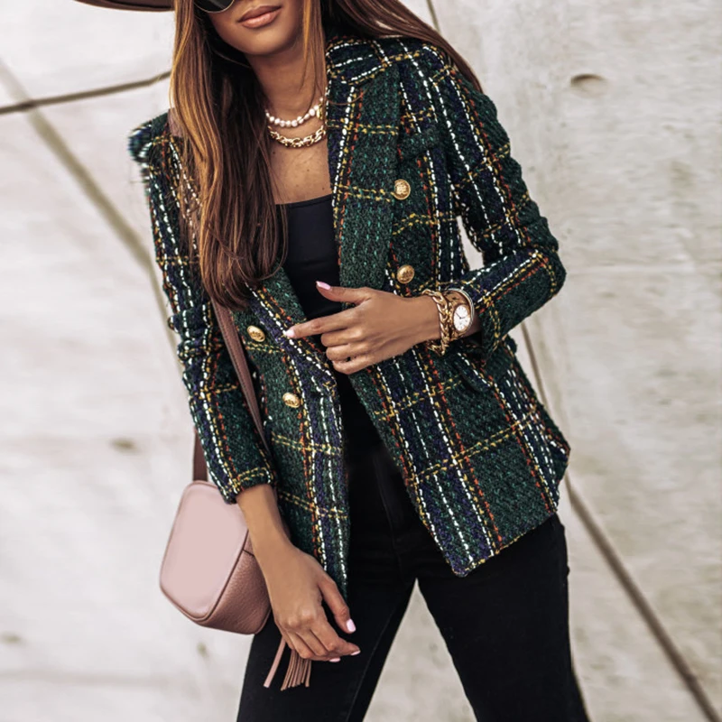 Ladies Plaid Blazer 2022 Women Spring-Autumn Vintage Suits Jackets Office Ladies Chic Slim Blazers Girls Tassel Tops Coat