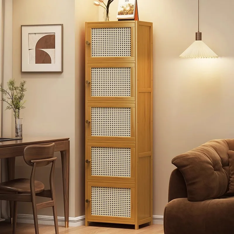 Bookcase with door Vertical floor rattan rack Multi-layer dust-proof storage cabinet Deepened narrow crevice storage cabinet