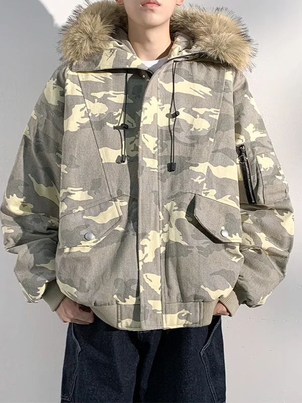 

Retro American Plu Camouflage Cotton Jaet for Men And Women Winter Outerwear Hooded Teenage Warm Coat Casual Long Sve