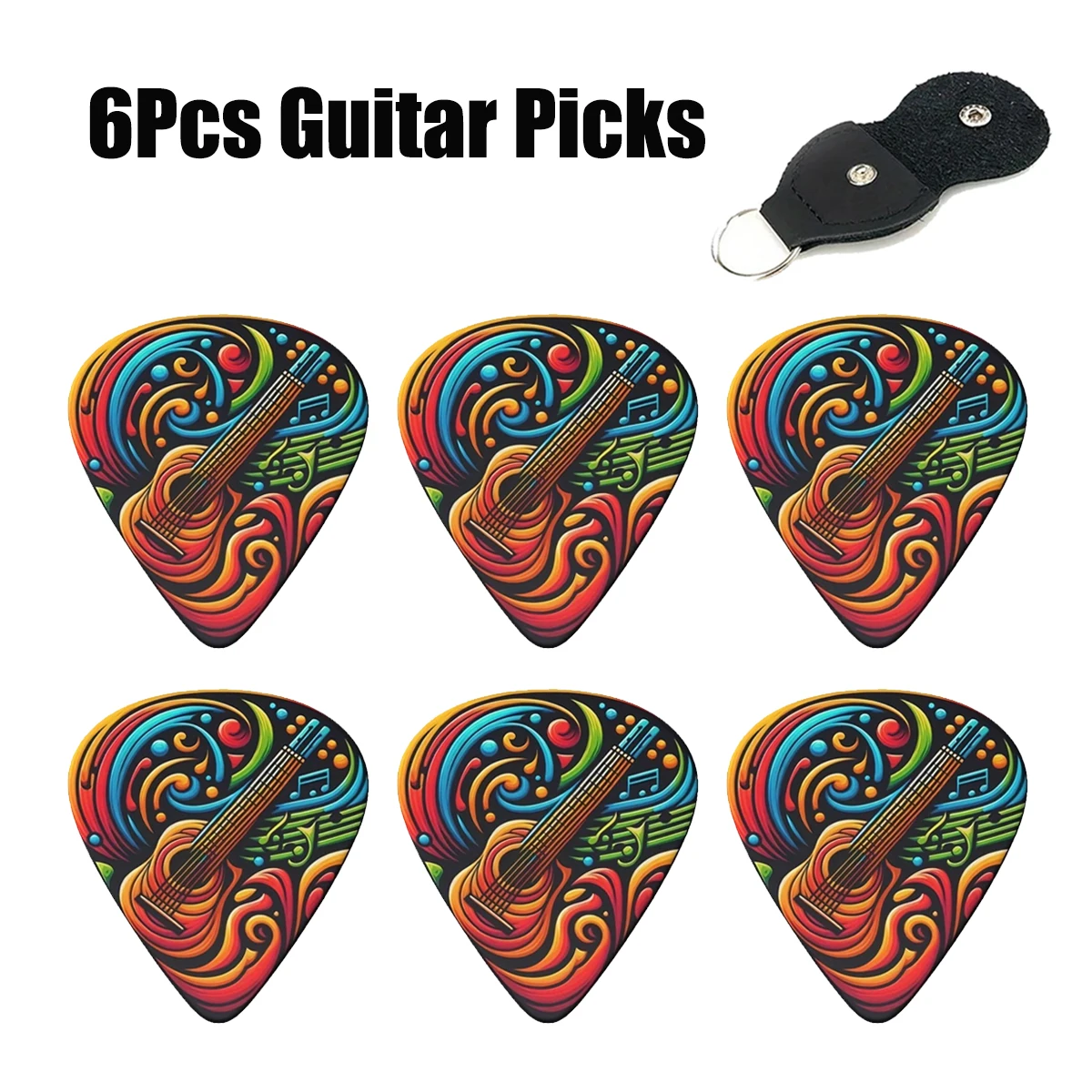 Miwayer 6Pcs ABS Guitar Picks – Colorful Line Art Guitar Design, Double-Sided Print, 0.46/0.71/1.0mm, with Storage Pouch