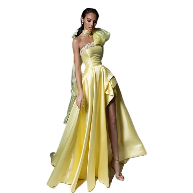 Vestido de noche sin tirantes para mujer, traje Sexy amarillo con abertura lateral alta, elegante, largo hasta el suelo, ideal para fiesta de graduación, novedad