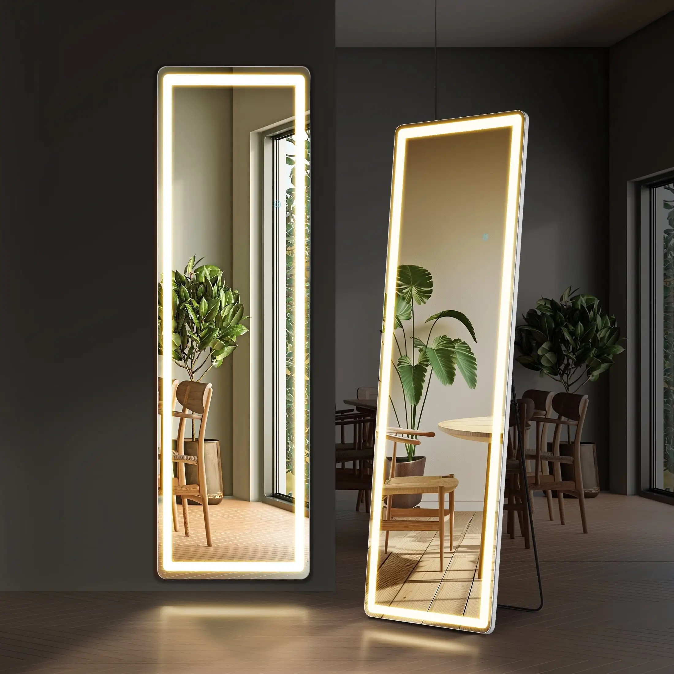 

LED 3 Color Lighting Full Body Mirror 60"x 16" Rectangle Floor Mirror with Lights Wall Mounted Free Standing Leaning for Home