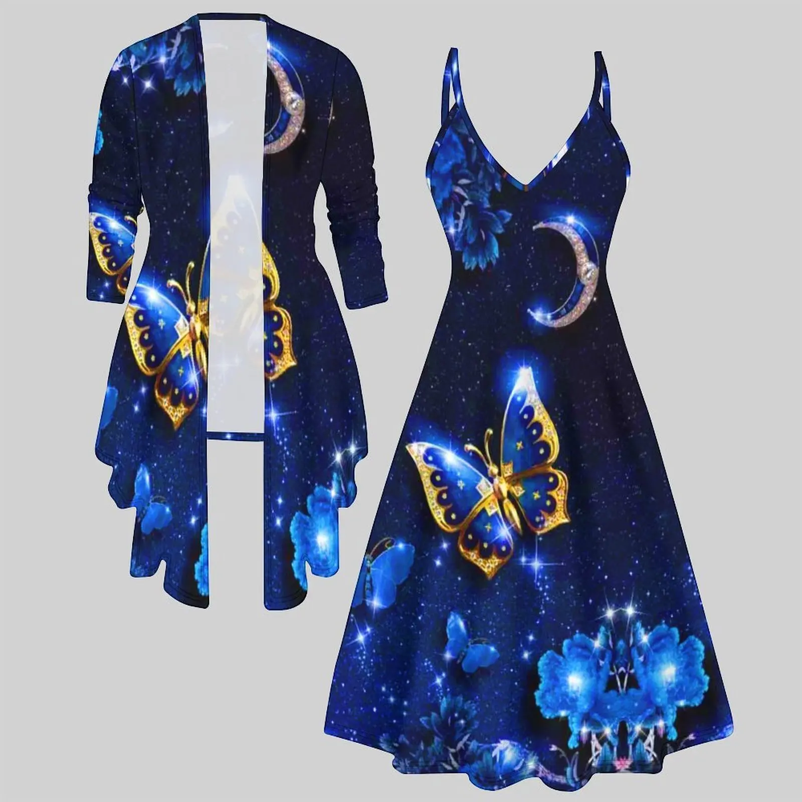 Conjunto de Dos Piezas con Estampado Vintage para Mujer, Vestido Midi sin Mangas y Cárdigan Abierto con Mangas 3/4, Atuendo para Uso Diario