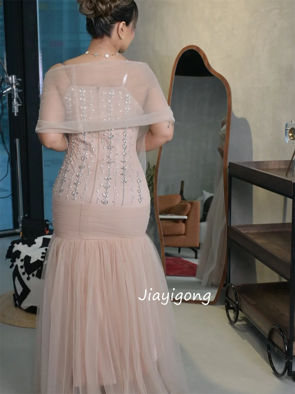 Customized Formal Jersey Pleat Sequined Pattern Trumpet Strapless Long Quinceanera Luxury Party Dresses