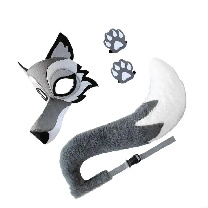 

270D Wolf Costume Set Include Wolf Face Mask Wolf Tail and Gloves Halloween Wolf Animal Costume for Children Adult Cosplay