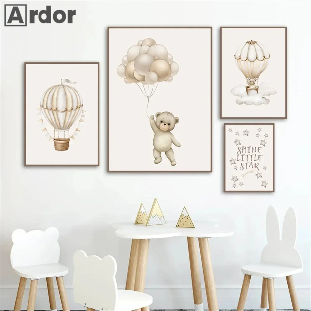 

Cartoon Bear Wall Art Print Nursery Canvas Painting Star Hot Air Balloon Poster Prints Nordic Wall Pictures Baby Room Decoration