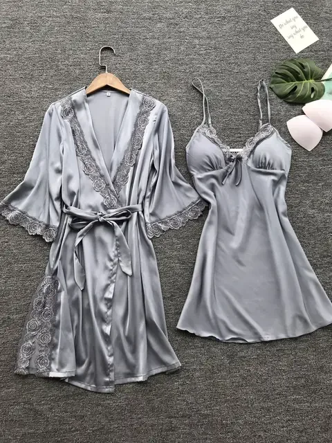 Leepwear Female Pajamas Set Satin Home Pyjamamas Lace Robe Sleep Suit V-Neck Wedding Nightwear Wear Nighty&Rob