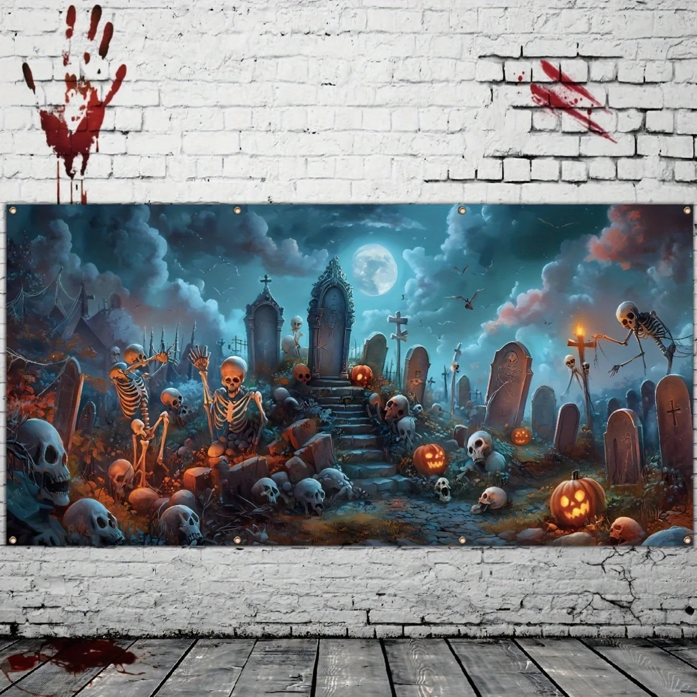 

A Halloween garage polyester banner, a creepy cemetery with skulls and tombstones, and an outdoor party backdrop