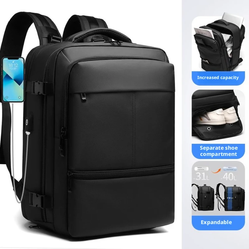 expandable large capacity men's backpack with USB, shoe compartment 180 degree opening and closing laptop backpack schoolbag 05