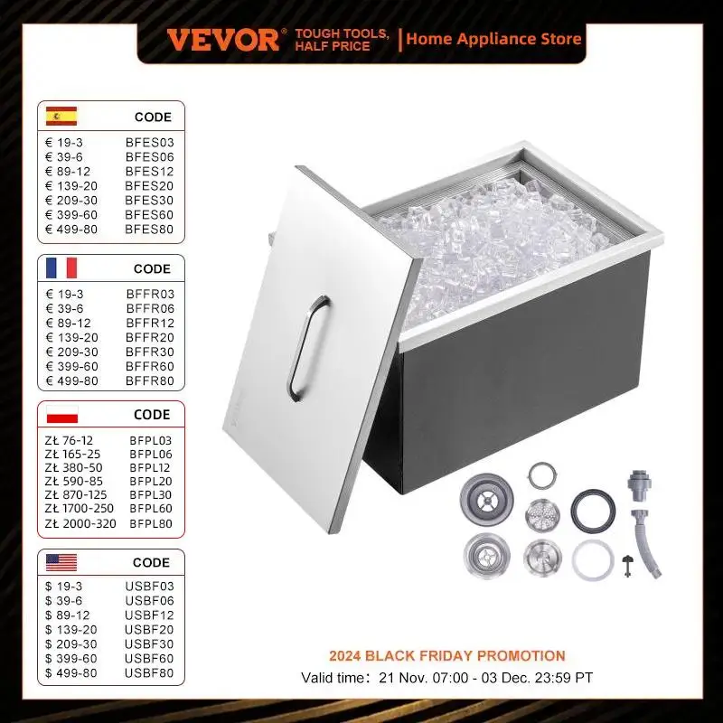 VEVOR Bac à Glace Encastrable 43,5 L 558x430x306 mm Boîte Isotherme pour Glace avec Couvercle en Inox Alimentaire Conservateur à Glaçons pour Boissons Bières Fraîches Cuisine Extérieure Bar Domicile