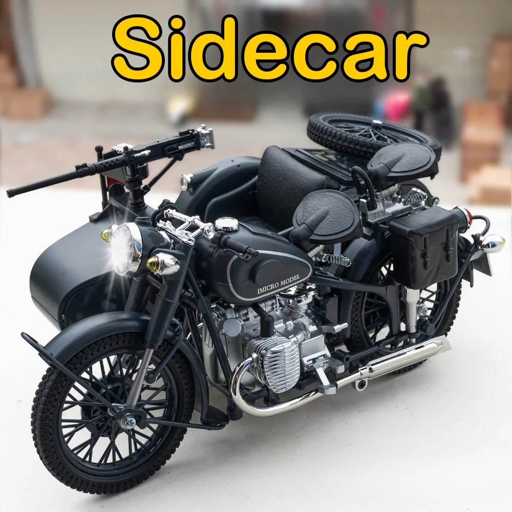 1:10 Sidecar Motorcycle Alloy Model Diecast Toys Cars Trunk Can Be Opened Front Wheel Steering Miniature Vehices Educational Toy