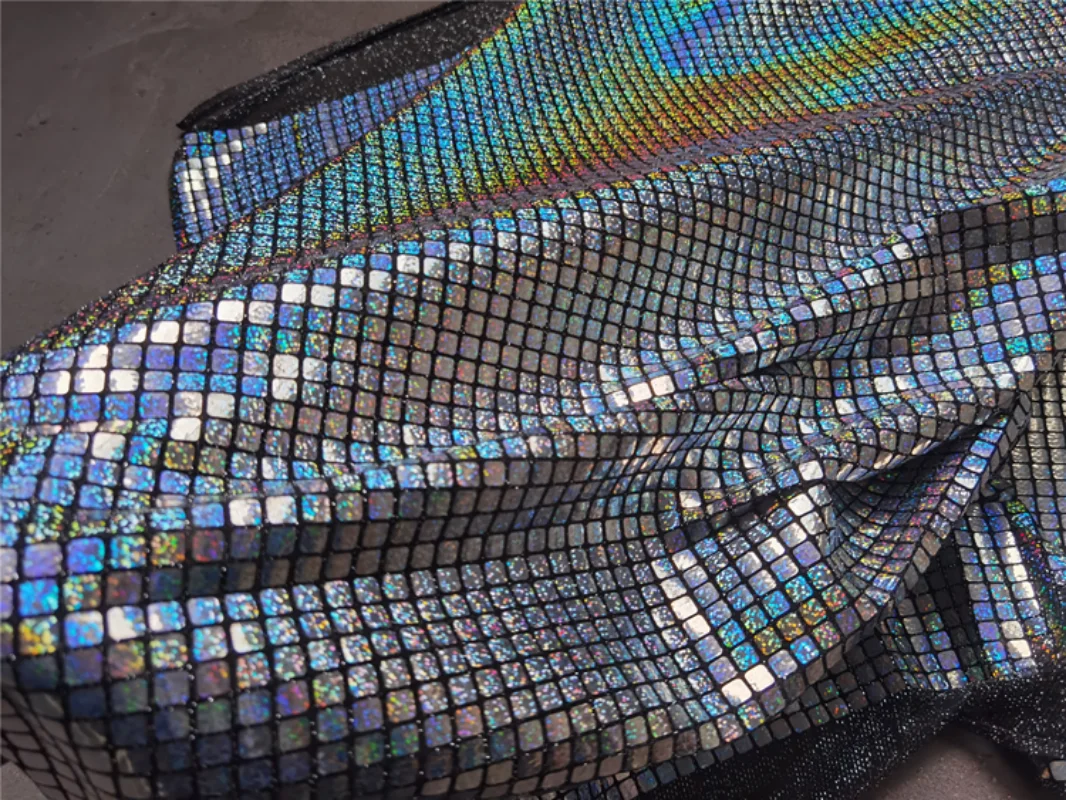 Checker Sequined Fabric Rainbow Reflective DIY Patchwork Backgound Decor Skirt Dress Stage Metallic Clothes Designer Fabric