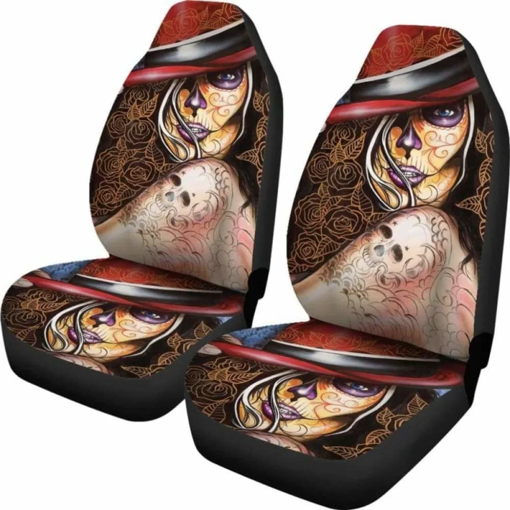 Set Of 2 Beautiful Sugar Skull Seat Covers Day Of The Dead,Pack of 2 Universal Front Seat Protective Cover