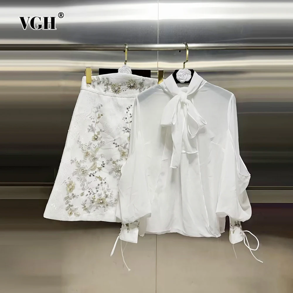 

VGH Solid Two Piece Sets For Women Turtleneck Long Sleeve Shirts High Waist Spliced Embroidery Mini Skirts Casual Set Female New