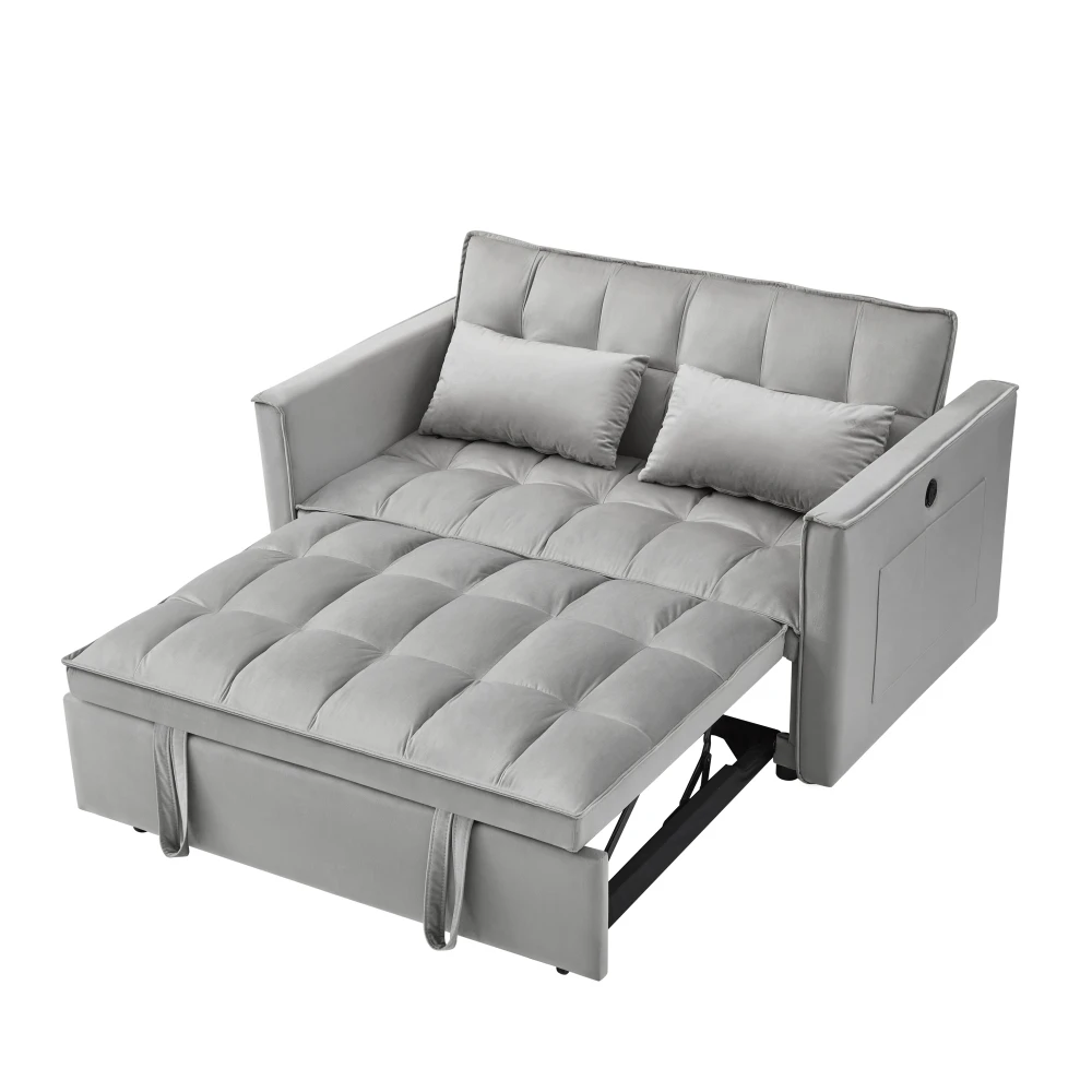 Sofá cama con puerto USB, cama ajustable 3 en 1 con cama extraíble, 2 almohadas lumbares y bolsillo lateral