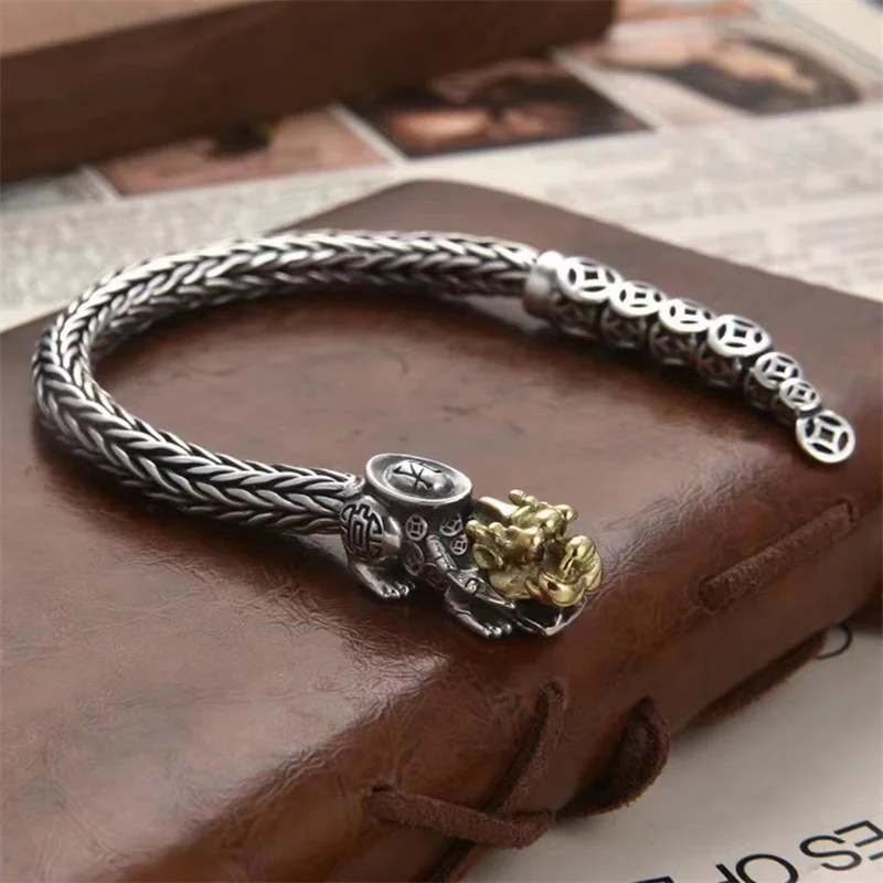 Domineering Tiger S925 Silver Bracelet Men's Trend Personality Retro Silver Chain Tiger Head Can Be Turned; Luxury Birthday Gift