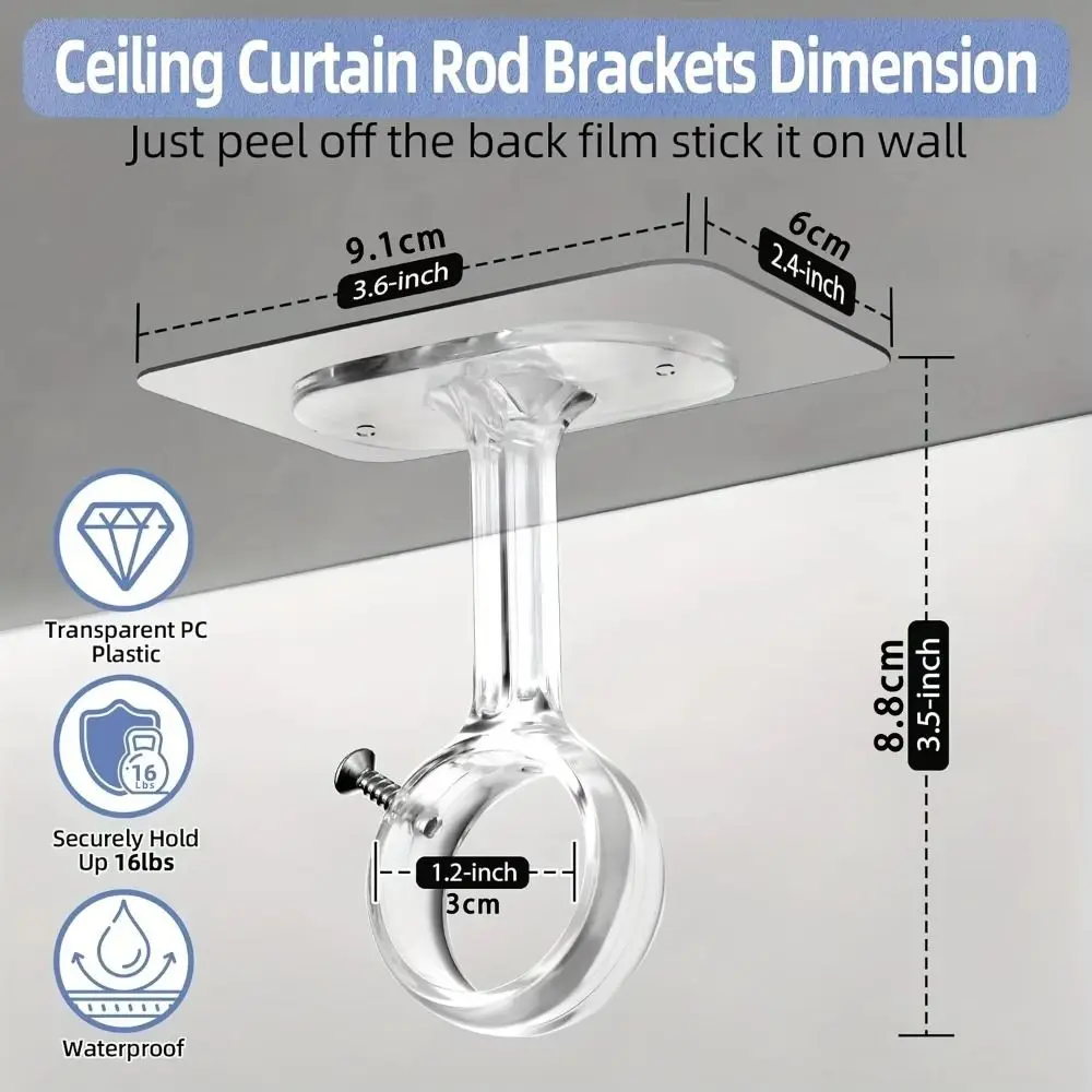 1/2pcs Self Adhesive Curtain Rod Brackets No Drilling Clear/Black Curtain Rod Hangers Curtain Rod Holders Wall Ceiling Mount