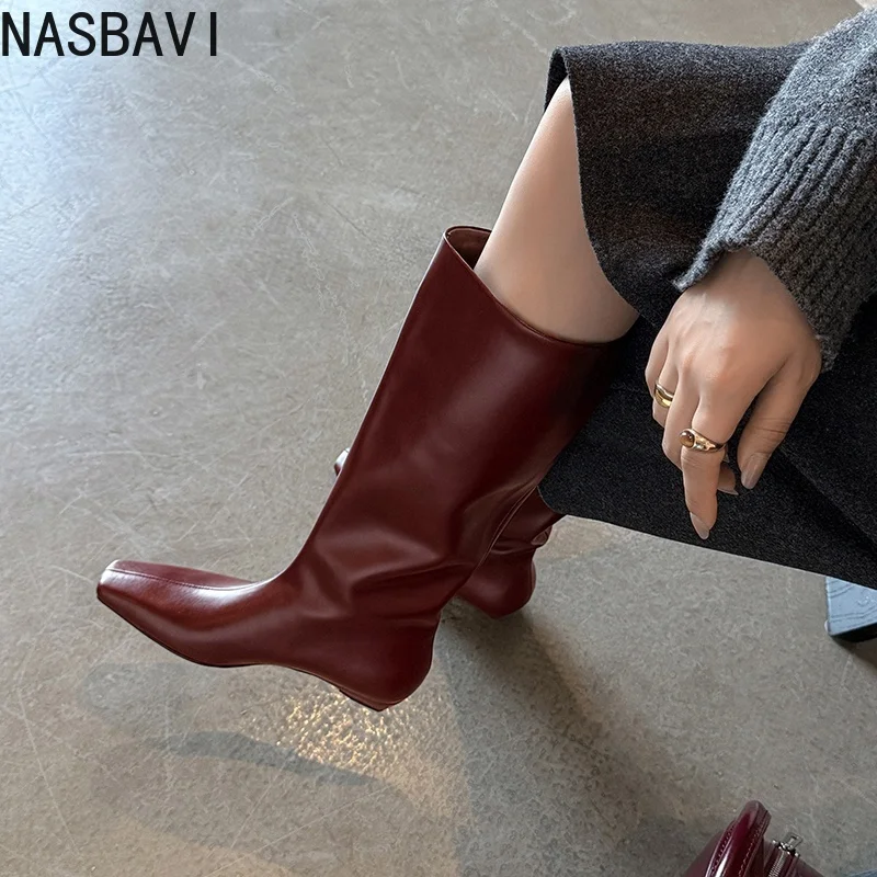 2026 Fashion Women Knee High Boots Cow Leather Warm Low Wedge Heels Motorcycle Boots Square Woman Lady Dress Shoes 34-43