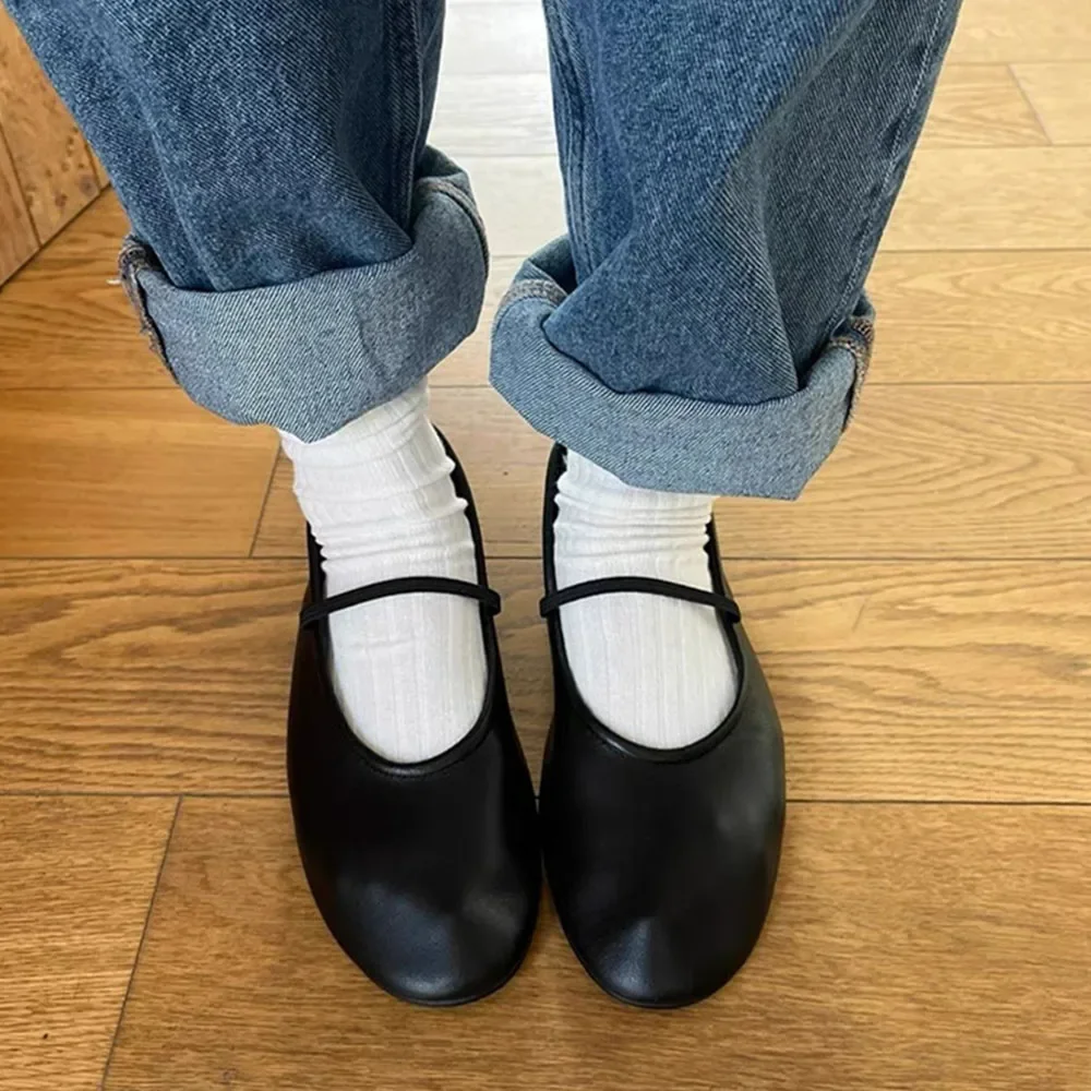 Zapatos planos de Ballet de piel auténtica para mujer, calzado negro elegante con correa elástica, Mary Jane, alta calidad