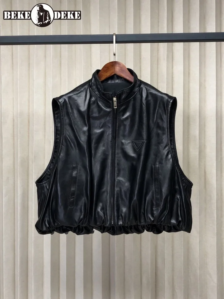 New Fashion Women Loose Fit Sheepskin Genuine Leather Vest Stand Collar Zipper Short Style Waistcoat Sleeveless Jacket Outerwear