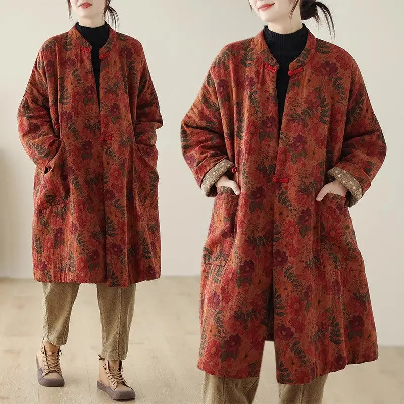 

2024 Winter Jacket Women's Artistic Retro Plate Buckle Medium Long Printed Chinese Ethnic Style Cotton Clothes Quilted Coat a626