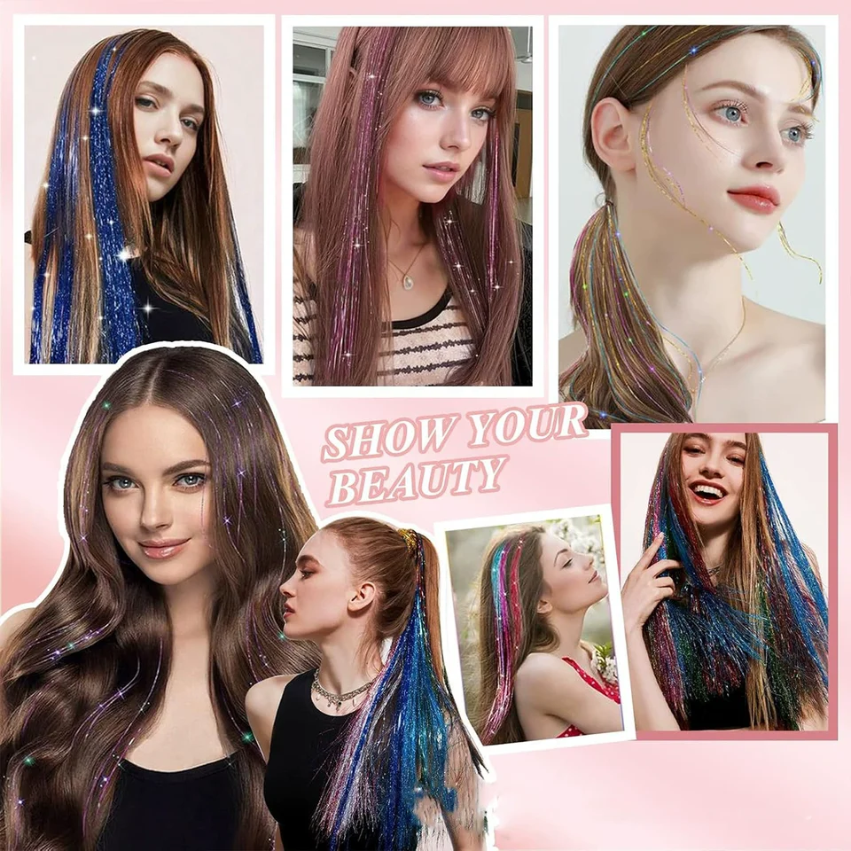 Kit de 12 piezas de tinsel sintético de 20 pulgadas con clip, brillantina, resistente al calor, cabello de hada 6