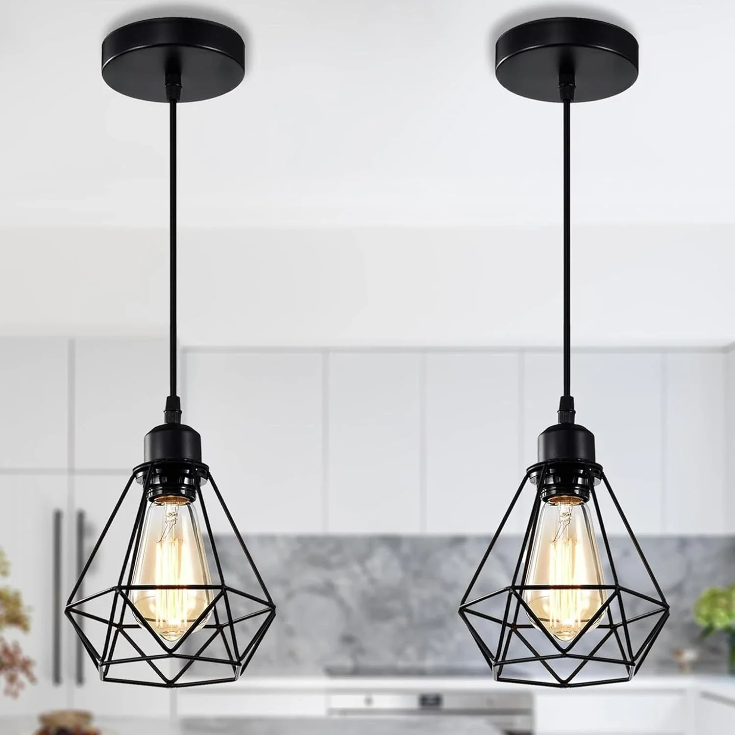 Modern Industrial Rustic Black Metal Iron Cage Chandelier E27 Adjustable Hanging Chain Cord Pendant Light for Kitchen Island