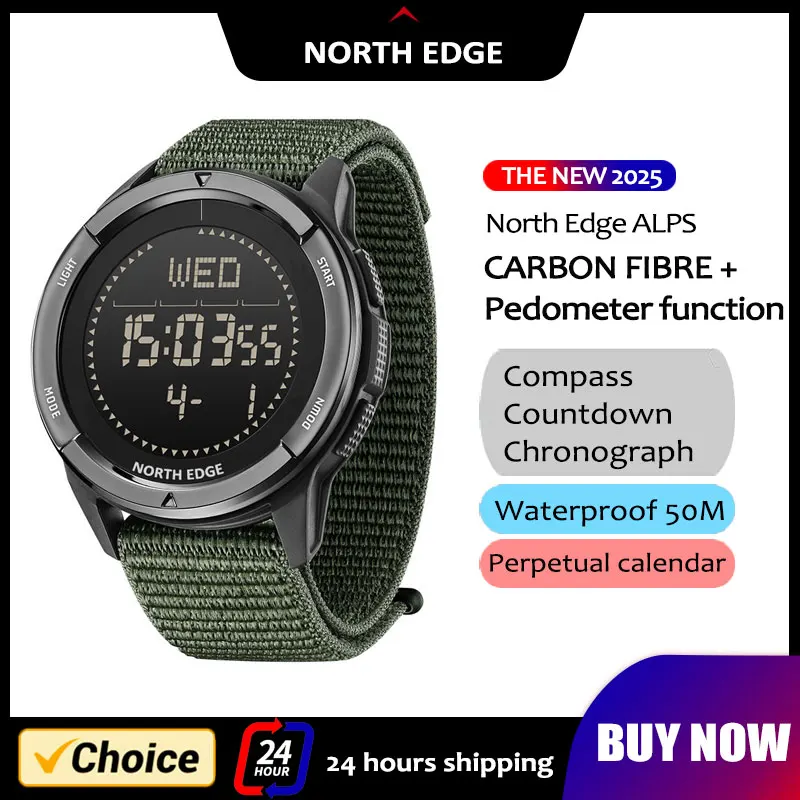 

NORTH EDGE 2025 New ALPS Men's Carbon fiber Digital Watch Shock Militray Sports Super Light Outdoor Compass Waterproof 50M