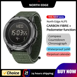 NORTH EDGE 2025 New ALPS Men's Carbon fiber Digital Watch Shock Militray Sports Super Light Outdoor Compass Waterproof 50M