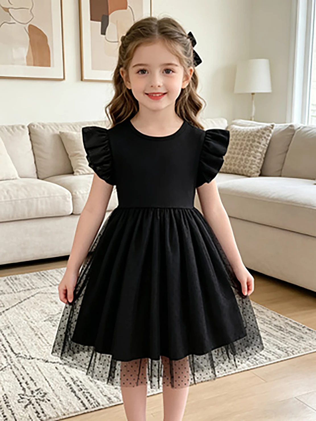 Schwarzes Prinzessinnenkleid aus Tüll mit Punkten für Mädchen, Sommerkleid mit Flatterärmeln und bauschigem Rock, stilvolles formelles Kleid für Kinder – Detail 1