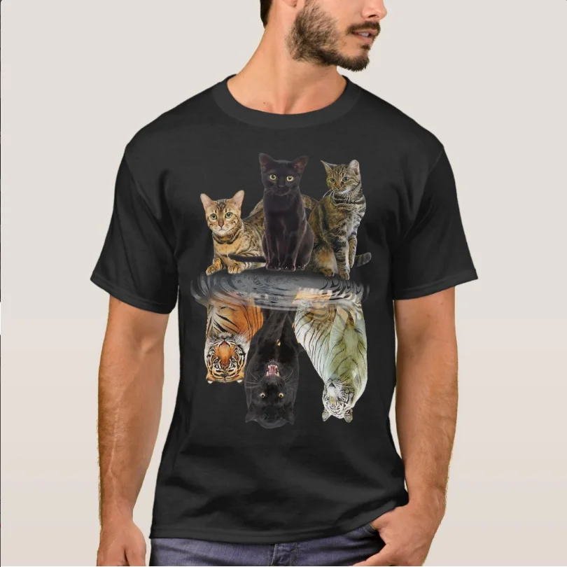 Cats Water Reflection Cute Tiger Friend Cat Lovers T-Shirt 100% Cotton O-Neck Summer Short Sleeve Casual Mens T-shirt Size S-3XL