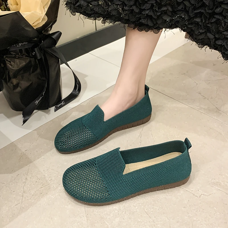 Holes Loafers Summer Casual Shoes Women Flat Heel Square Toe Hollow-out Sneakers Barefoot Shoes Moccasin Female Knitted Flats