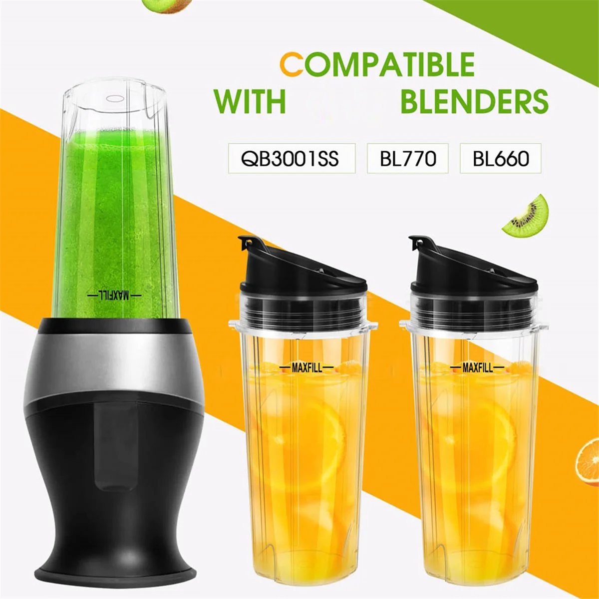 Peças de reposição populares do liquidificador para Ninja, substituição de copos do liquidificador Ninja de 3 pacotes de 16 onças com tampas para viagem para Nutri Ninja QB3001SS