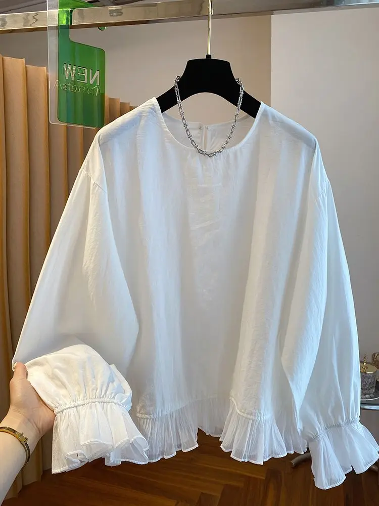 

White Ruffled Edge Shirt Women's Long Sleeved 2025 New Loose Casual Round Neck Flared Sleeve Top For Spring