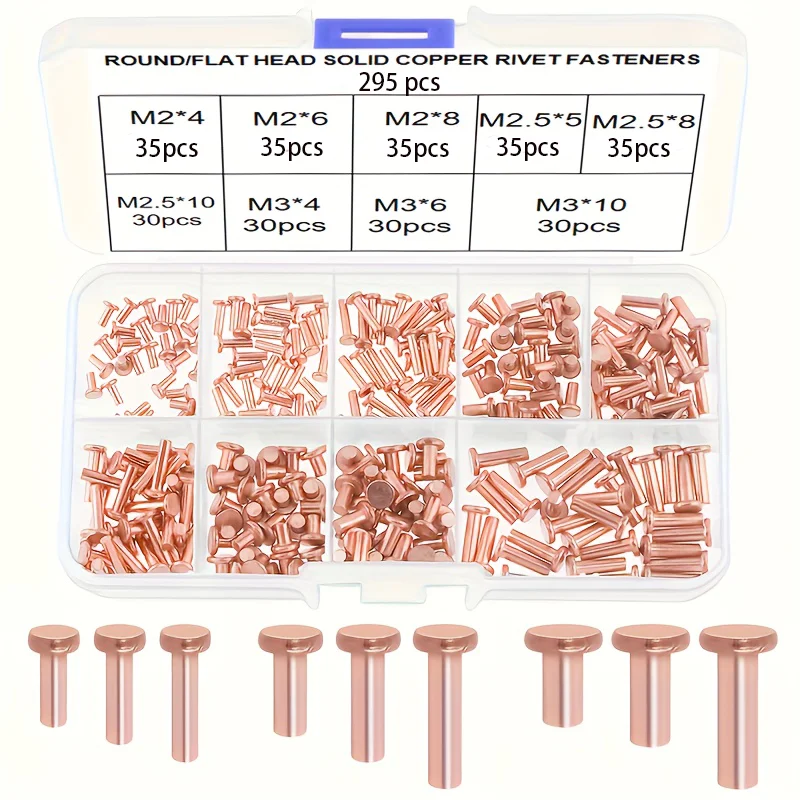 295-Piece Solid Brass Rivet Set - Flat or Round Head, Various Sizes M2x4/6/8, M2.5x5/8/10, M3x4/6/10 - For DIY Projects