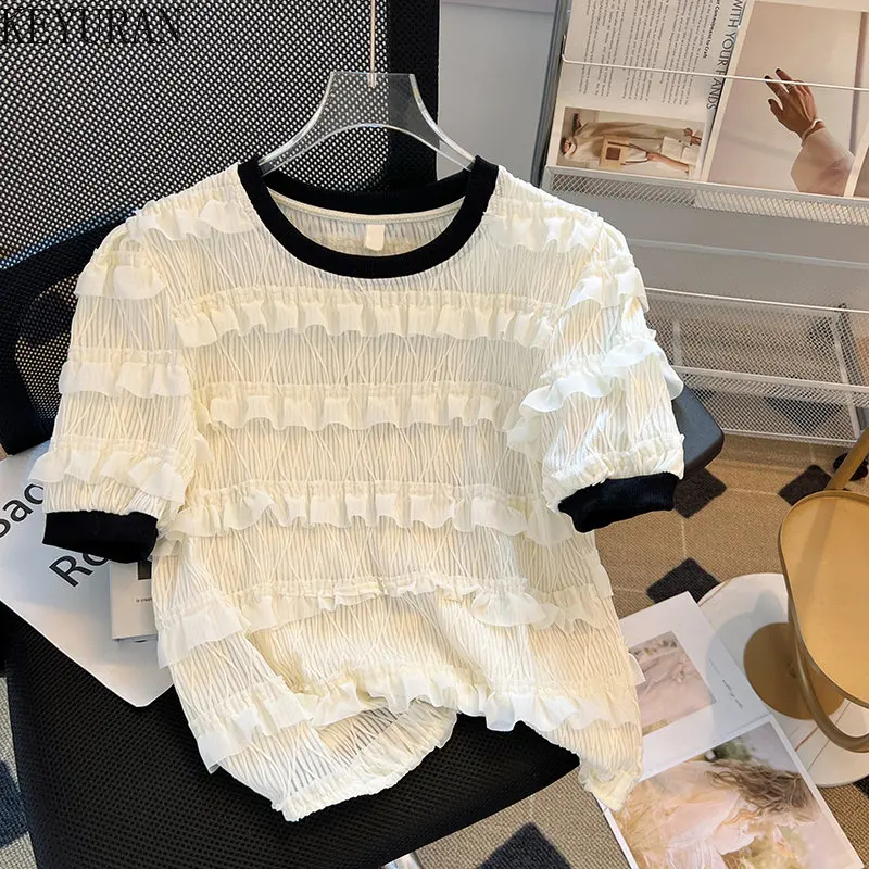 Contrast Color Short Sleeve T-Shirt Women Summer Korean Fashion Casual Loose Solid O-Neck Loose Ruffles Pleated Tops Ladies Tees